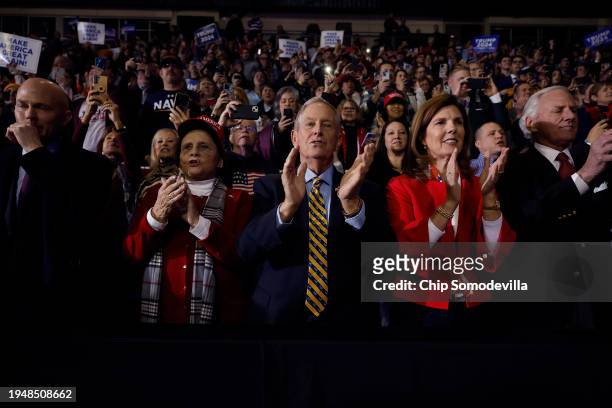 Rep. Joe Wilson cheers for Republican presidential candidate and former President Donald Trump during a campaign rally at the SNHU Arena on January...