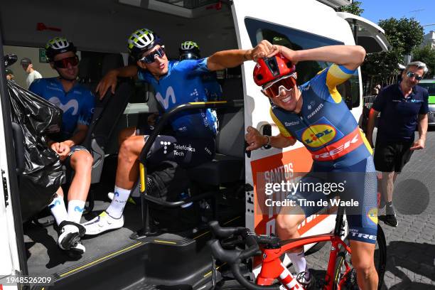 Ivan Garcia-Cortina of Spain and Movistar Team and Juan Pedro Lopez Perez of Spain and Team Lidl-Trek prior to the 24th Santos Tour Down Under 2024,...