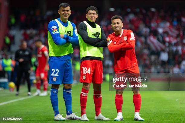 Jean Meneses of Toluca celebrates with teammates after scoring the team's second goal during the 2nd round match between Toluca and Mazatlan FC as...