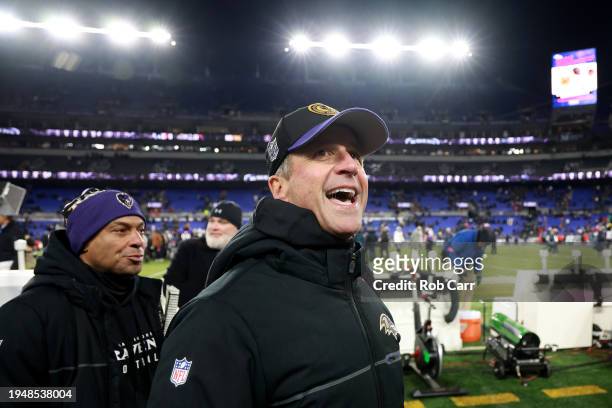 Head coach John Harbaugh of the Baltimore Ravens celebrates after defeating the Houston Texans in the AFC Divisional Playoff game at M&T Bank Stadium...