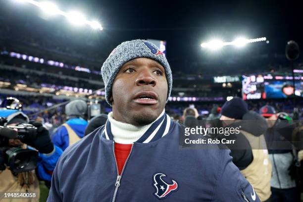 Head coach DeMeco Ryans of the Houston Texans walks off the field after being defeated by the Baltimore Ravens in the AFC Divisional Playoff game at...