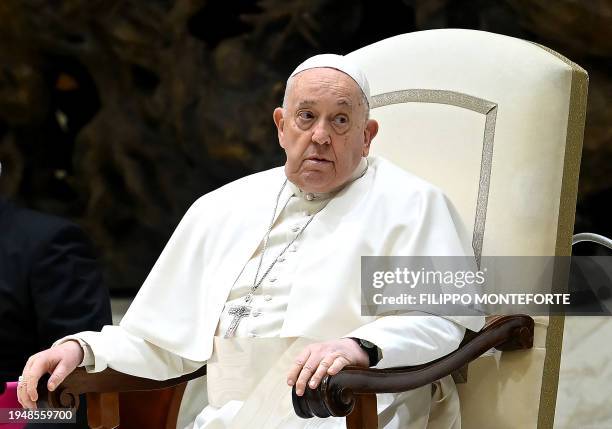 Pope Francis is seen during his weekly general audience at Paul VI hall in the Vatican on January 24, 2024.