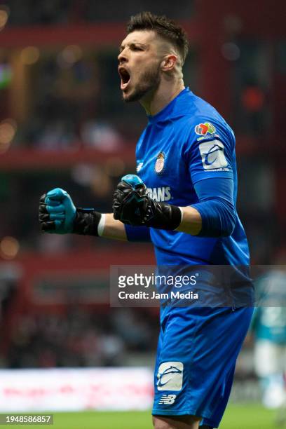 Tiago Volpi, goalkeeper of Toluca, celebrates after scoring the team's fourth goal during the 2nd round match between Toluca and Mazatlan FC as part...