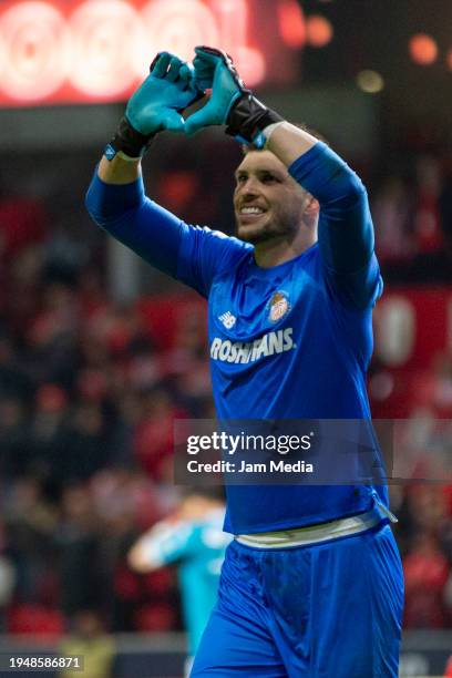 Tiago Volpi, goalkeeper of Toluca, celebrates after scoring the team's fourth goal during the 2nd round match between Toluca and Mazatlan FC as part...