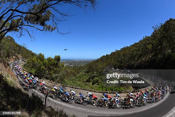General view of the peloton climbing to Windy Point Hill during the 24th Santos Tour Down Under 2024, Stage 6 a 128.2km stage from Unley to Mount...