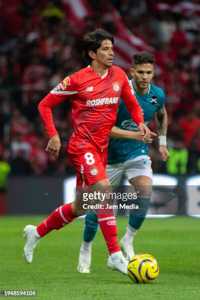 Carlos Orrantia of Toluca drives the ball during the 2nd round match between Toluca and Mazatlan FC as part of the Torneo Clausura 2024 Liga MX at...