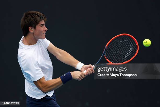 Atakan Karahan of Turkey competes against Daniel Jovanovski of Australia in their first round singles match during the 2024 Australian Open Junior...