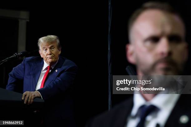 Republican presidential candidate and former President Donald Trump speaks during a campaign rally at the SNHU Arena on January 20, 2024 in...