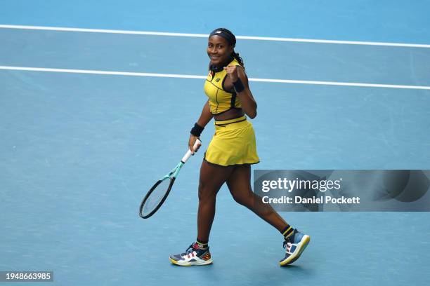 Coco Gauff of the United States celebrates match point in their round four singles match against Magdalena Frech of Poland during the 2024 Australian...