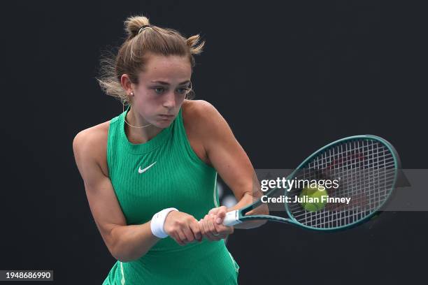 Isabelle Lacy of Great Britain competes against Monika Stankiewicz of Poland in their first round singles match during the 2024 Australian Open...