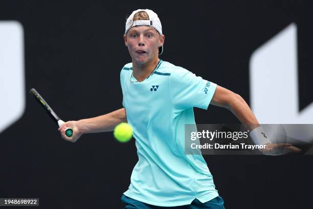 Cruz Hewitt of Australia competes against Alexander Razeghi of the United States in their first round singles match during the 2024 Australian Open...