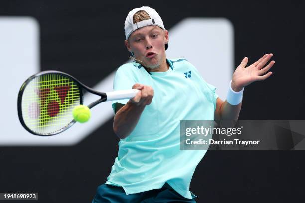 Cruz Hewitt of Australia competes against Alexander Razeghi of the United States in their first round singles match during the 2024 Australian Open...