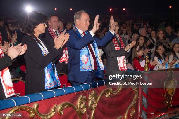 Princess Stephanie of Monaco, Prince Albert II of Monaco and Louis Ducruet attend the 46th International Circus Festival on January 20, 2024 in...