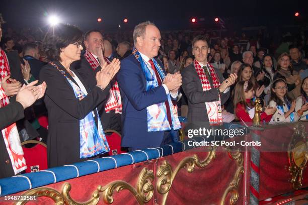 Princess Stephanie of Monaco, Prince Albert II of Monaco and Louis Ducruet attend the 46th International Circus Festival on January 20, 2024 in...