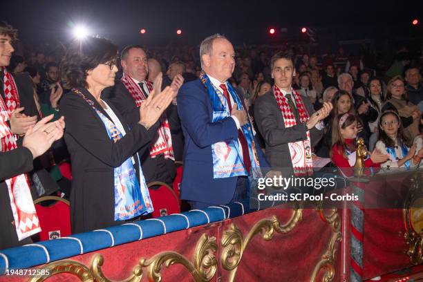 Princess Stephanie of Monaco, Prince Albert II of Monaco and Louis Ducruet attend the 46th International Circus Festival on January 20, 2024 in...