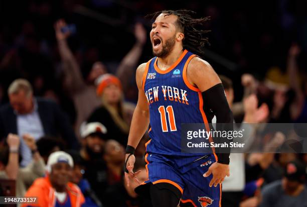 Jalen Brunson of the New York Knicks reacts after making a three-point shot during the second half against the Toronto Raptors at Madison Square...