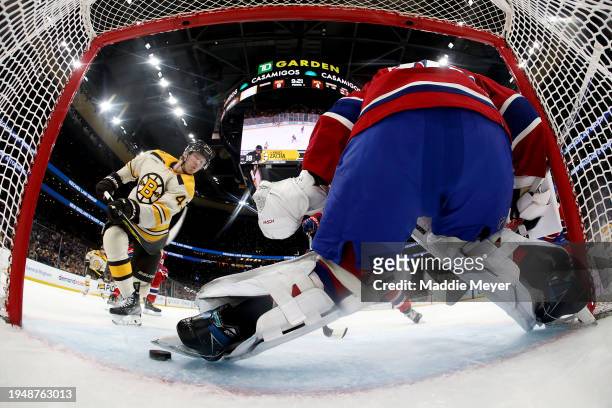 Danton Heinen of the Boston Bruins scores a hat trick goal against the Montreal Canadiens at TD Garden on January 20, 2024 in Boston, Massachusetts....