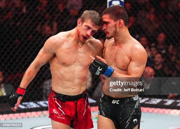 Arnold Allen of England and Movsar Evloev of Russia talk after a featherweight bout during the UFC 297 event at Scotiabank Arena on January 20, 2024...