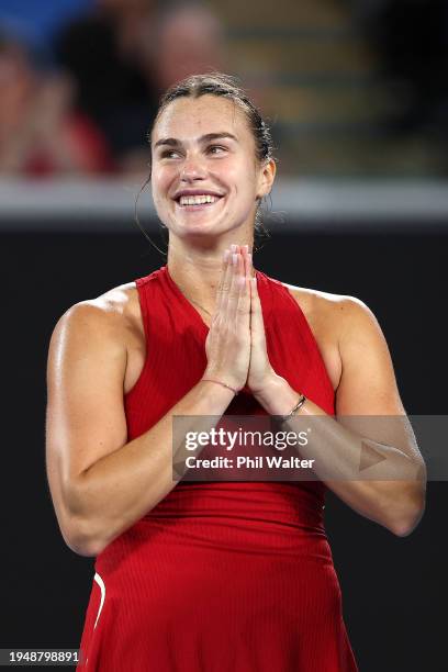 Aryna Sabalenka celebrates match point in their round four singles match against Amanda Anisimova of the United States during the 2024 Australian...