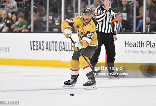 Alec Martinez of the Vegas Golden Knights passes the puck during the first period against the Pittsburgh Penguins at T-Mobile Arena on January 20,...