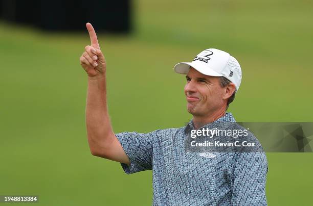 Steven Alker of New Zealand reacts as he sinks his birdie putt on the 18th green to win the PGA TOUR Champions Mitsubishi Electric Championship at...