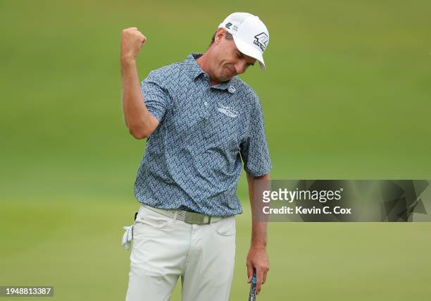 Steven Alker of New Zealand reacts as he sinks his birdie putt on the 18th green to win the PGA TOUR Champions Mitsubishi Electric Championship at...