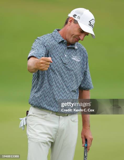 Steven Alker of New Zealand reacts as he sinks his birdie putt on the 18th green to win the PGA TOUR Champions Mitsubishi Electric Championship at...