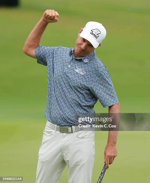 Steven Alker of New Zealand reacts after he sinks his birdie putt on the 18th green to win the PGA TOUR Champions Mitsubishi Electric Championship at...