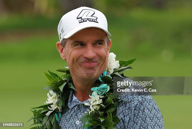 Steven Alker of New Zealand reacts after winning the PGA TOUR Champions Mitsubishi Electric Championship at Hualalai Golf Club on January 20, 2024 in...