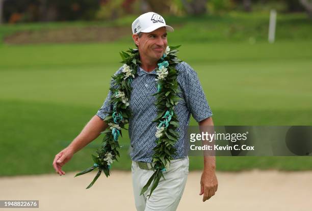 Steven Alker of New Zealand reacts after winning the PGA TOUR Champions Mitsubishi Electric Championship at Hualalai Golf Club on January 20, 2024 in...