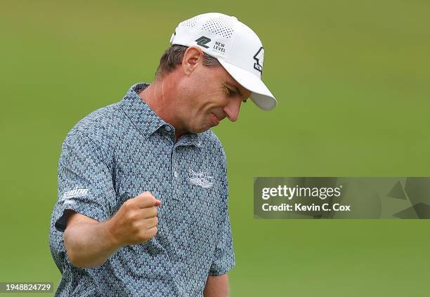 Steven Alker of New Zealand reacts after sinking his birdie putt on the 18th green to win the PGA TOUR Champions Mitsubishi Electric Championship at...