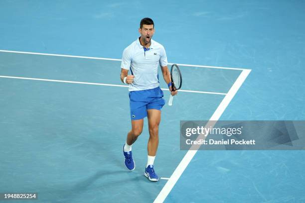 Novak Djokovic of Serbia reacts in their round four singles match against Adrian Mannarino of France during the 2024 Australian Open at Melbourne...