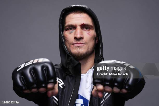 Movsar Evloev of Russia poses for a portrait after his victory during the UFC 297 event at Scotiabank Arena on January 20, 2024 in Toronto, Ontario.