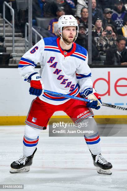 Zac Jones of the New York Rangers skates on the ice during the first period against the Los Angeles Kings at Crypto.com Arena on January 20, 2024 in...