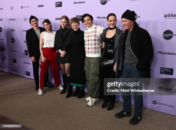 Dave Franco, Kristen Stewart, Anna Baryshnikov, Director Rose Glass, Katy O’Brian, Jena Malone and Ed Harris attend the "Love Lies Bleeding" Premiere...