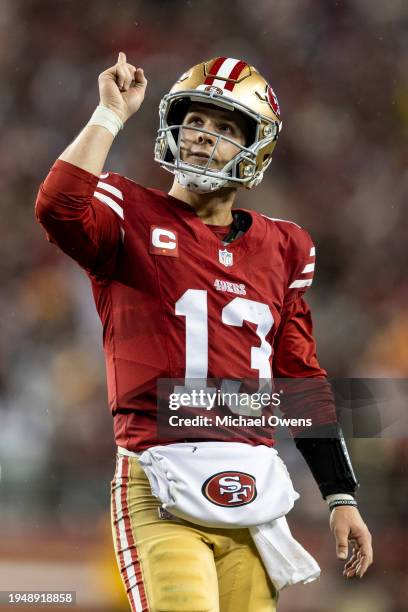 Brock Purdy of the San Francisco 49ers celebrates after a touchdown during an NFL divisional round playoff football game between the San Francisco...