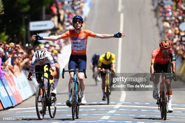 Stephen Williams of United Kingdom and Team Israel - Premier Tech - Orange Santos Leader's Jersey celebrates at finish line as stage winner ahead of...