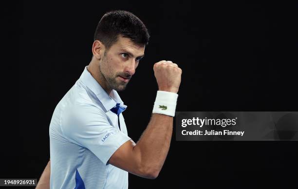 Novak Djokovic of Serbia celebrates their round four singles match against Adrian Mannarino of France during the 2024 Australian Open at Melbourne...