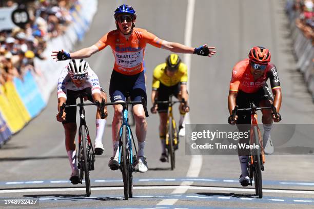 Stephen Williams of United Kingdom and Team Israel - Premier Tech - Orange Santos Leader's Jersey celebrates at finish line as stage winner ahead of...