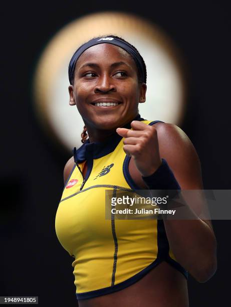 Coco Gauff of the United States celebrates match point in their round four singles match against Magdalena Frech of Poland during the 2024 Australian...