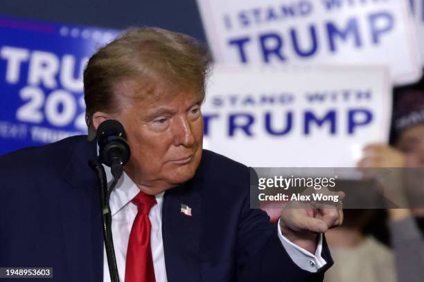 Republican presidential candidate and former President Donald Trump speaks during a campaign rally at the SNHU Arena on January 20, 2024 in...