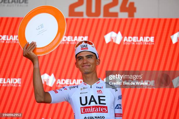 Isaac Del Toro Romero of Mexico and UAE Team Emirates on third place poses on the podium ceremony after the 24th Santos Tour Down Under 2024, Stage 6...