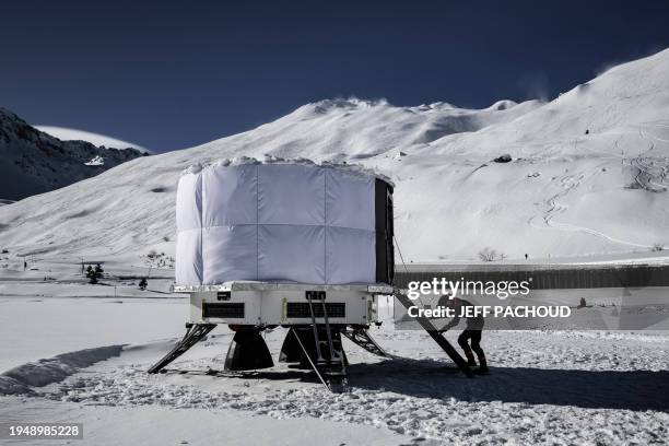 Researcher takes part in a lunar simulation exercise to test the EuroHab space dwelling, in Tignes resort on January 23, 2024. Peter Weiss and...