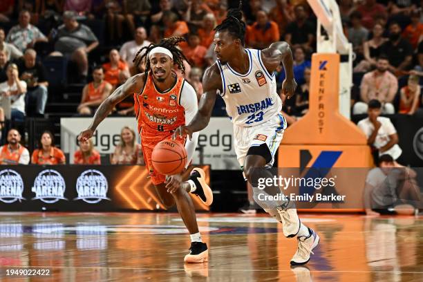 Casey Prather of the Bullets drives up court during the round 16 NBL match between Cairns Taipans and Brisbane Bullets at Cairns Convention Centre,...