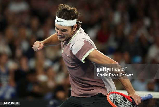 Taylor Fritz of the United States celebrates a point in their round four singles match against Stefanos Tsitsipas of Greece during the 2024...