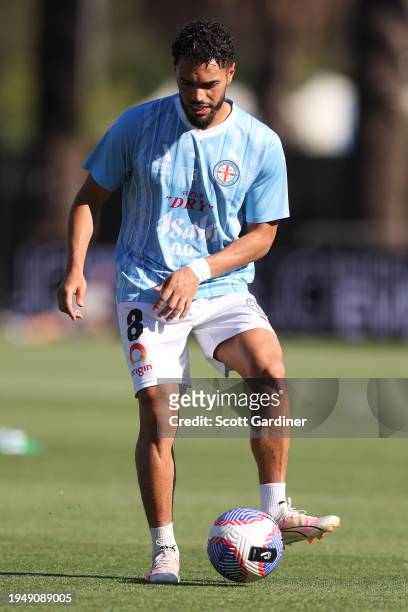 Hamza Sakhi of Melbourne City warming up prior to play during the A-League Men round 13 match between Central Coast Mariners and Melbourne City at...
