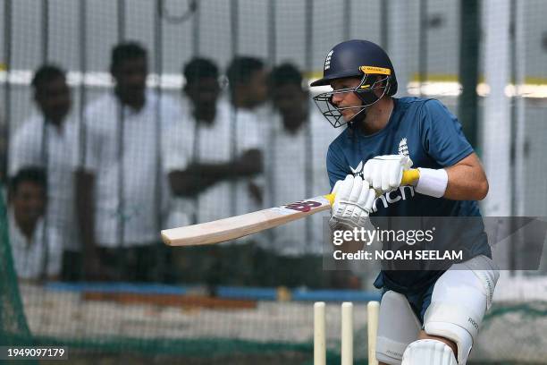 England's Joe Root bats at the nets during a practice session at the Rajiv Gandhi International Cricket Stadium in Hyderabad on January 24 on the eve...