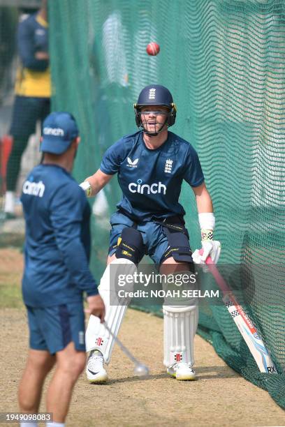 England's Ollie Pope bats at nets during a practice session at the Rajiv Gandhi International Cricket Stadium in Hyderabad on January 24 on the eve...