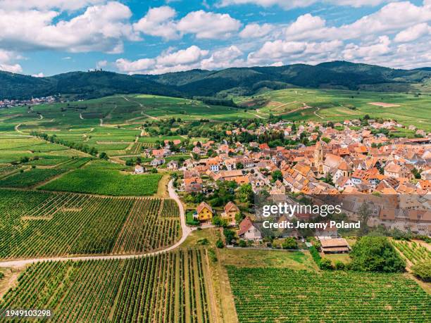 Aerial Shot of the Agricultural Fields and Road Entering the French Village of Eguisheim with a Mountain Range and Husseren-les-Châteaux in the Background