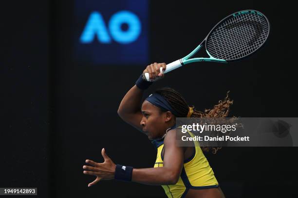 Coco Gauff of the United States plays a forehand in their round four singles match against Magdalena Frech of Poland during the 2024 Australian Open...